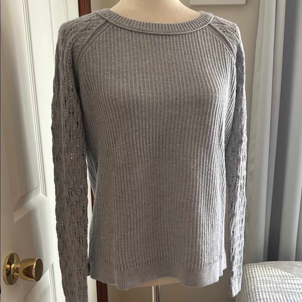 LOFT Heather Gray Crewneck Sweater with Lace Knit Sleeves